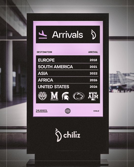 An Arrivals board announces "United States" as a destination arriving in 2026, featuring logos of five US colleges, which visually represents Chiliz's expansion into the US college sports market. The board includes the Chiliz logo and states "The Sports Blockchain."