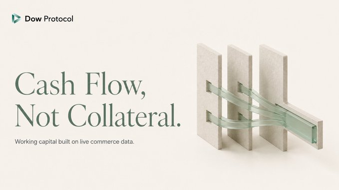 A Dow Protocol promotional banner reads "Cash Flow, Not Collateral. Working capital built on live commerce data." beside an image of liquid flowing between stone pillars, visually representing how cash flow can be channeled and observed directly rather than relying on static collateral—mirroring the post's argument that digital commerce metrics like GMV, refunds, and chargebacks make borrowers' true financial health visible without traditional asset backing.