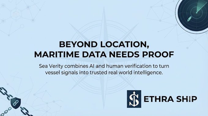 A marketing banner for ETHRA SHIP stating 'Beyond Location, Maritime Data Needs Proof,' promoting Sea Verity which combines AI and human verification to turn vessel signals into trusted intelligence.