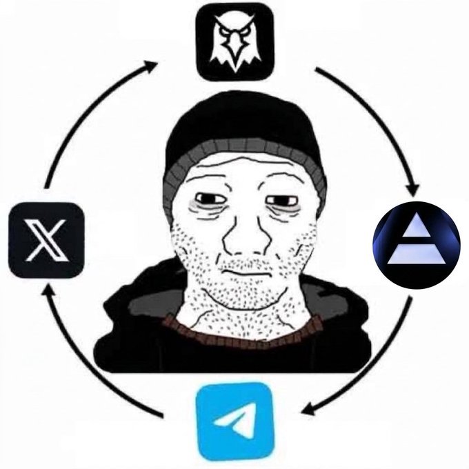 A cartoon 'Doomer' character is surrounded by circular arrows connecting social media/crypto logos including X, Telegram, a pyramid icon, and an owl icon.