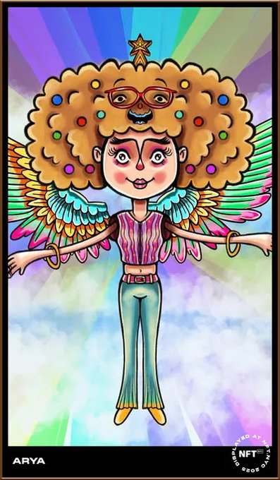 A colorful cartoon-style NFT illustration featuring a winged figure with a lion's mane for a head, labeled 'ARYA' and marked as an NFT by 'Drops of Art to Bear'.