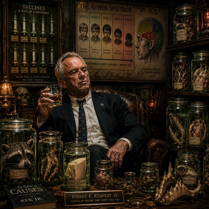 A satirical image depicts Robert F. Kennedy Jr. seated in a leather chair surrounded by jars containing oddities like 'Raccoon Frontal Lobe' and 'Whale Blubber,' with framed posters referencing 'Vaccines: A Hall of Achievement' and 'The Autism Spectrum.'