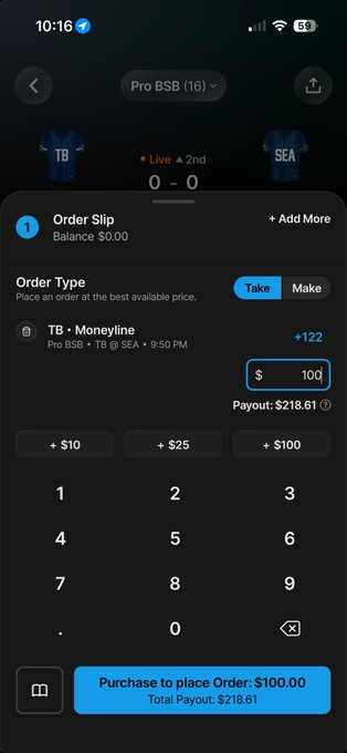 A mobile betting app displays an order slip for a Pro BSB baseball game between TB and SEA (currently 0-0 in the 2nd inning), with a TB moneyline bet at +122 odds. The user has entered a $100 wager, yielding a potential payout of $218.61—visually demonstrating the "vig" (juice/commission) that sportsbooks retain, as the bettor only profits $118.61 on a $100 stake rather than a typical even-money return.