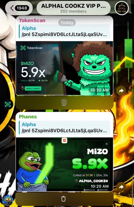 A mobile chat interface for a 'VIP' group showing 'TokenScan' alerts for '$MIZO' at 5.9x, accompanied by Pepe and green monster meme images.
