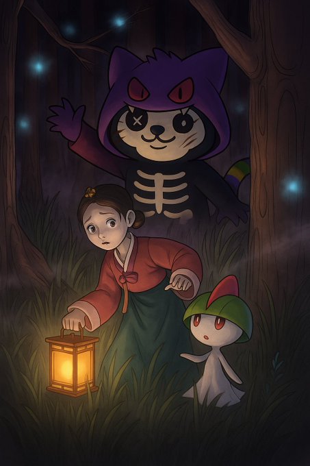 An anime-style illustration shows a young woman in a hanbok holding a lantern in a dark forest, accompanied by a skeleton-costumed cat character and a small creature.