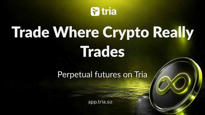 A promotional banner for Tria reads 'Trade Where Crypto Really Trades - Perpetual futures on Tria' with the URL app.tria.so against a green glowing background.