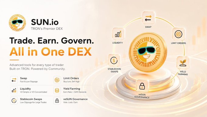 In this image, there's an advertisement that promotes a trading platform called SunIO (Sun's Finest Trading Platform). The main focus of the advertisement is a golden coin with sunglasses on its face, which symbolizes fun and excitement associated with Bitcoin. The coin is placed in the center of the photo, attracting attention to it.

The image also includes several text elements that provide information about the platform or answer common questions related to Bitcoin trading. Some of these texts are located at the top right corner of the image, while others appear on the left side and bottom part of the advertisement. Overall, this advertisement aims to capture viewers' attention by showcasing a fun and exciting element associated with Bitcoin trading platforms like SunIO.