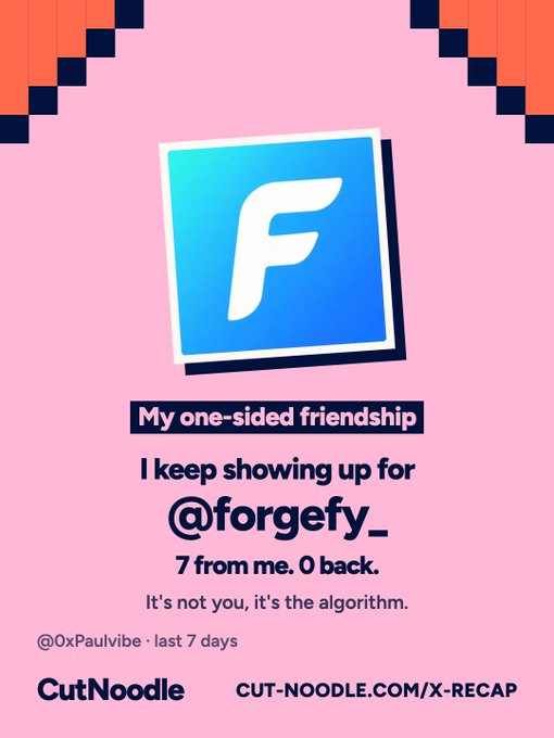 A pink graphic featuring a Flipboard logo with text 'My one-sided friendship - I keep showing up for @forgefy_ 7 from me. 0 back. It's not you, it's the algorithm.' from CutNoodle.