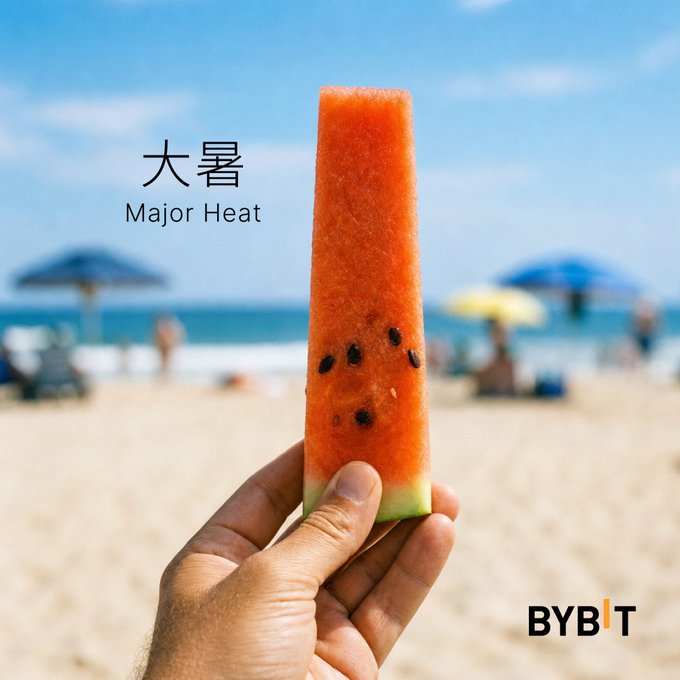 A hand holding a slice of watermelon at a beach, with text reading '大暑 Major Heat' and the BYBIT logo in the corner.