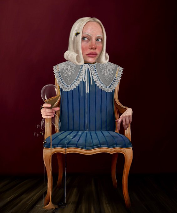 A surreal portrait shows a blonde woman with a vintage hairstyle and lace collar, her body merged with an ornate blue chair as she holds a wine glass from which liquid drips onto the floor.