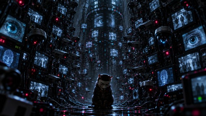 A dark, cyberpunk-style digital artwork depicting a small cat wearing headphones sitting in front of a massive wall of surveillance cameras and monitors displaying eyes and data.