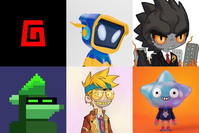 A grid of six NFT profile pictures, each representing a different project: God (red "G" logo), Blokyz (blue robot), Kaiju Kaki (dark-haired character), ZTH Academy (pixelated green figure), 0xploplo (blonde cartoon man), and Rat Bastards (blue star-shaped character)—the projects the poster says they haven't yet secured.