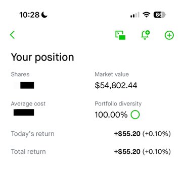 A screenshot of a mobile investing app showing a portfolio with a market value of $54,802.44, a 100% portfolio diversity rating, and a total return of just +$55.20 (+0.10%) on the day. The minimal gain reinforces the caption's comparison to roulette, highlighting the risky, low-reward nature of the position.