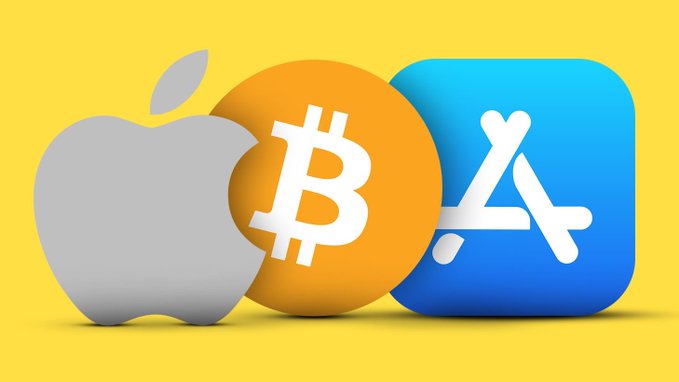 The image shows the logos of Apple, Bitcoin, and the App Store displayed together on a yellow background, representing the intersection of Apple's platform with cryptocurrency services. The visual ties into the accompanying post about a lawsuit alleging Apple allowed a fake Bitcoin wallet app on its App Store, resulting in millions in losses from users who entered their seed phrases.