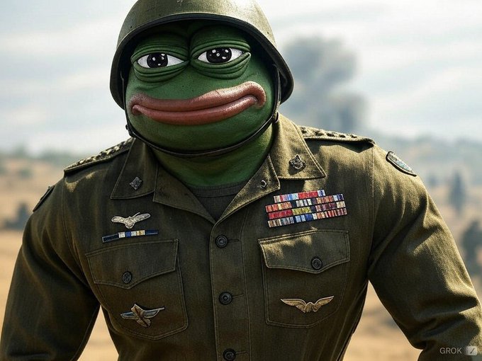 A Grok-generated image of the Pepe frog meme character depicted as a U.S. military officer in an olive green uniform with medals and helmet.