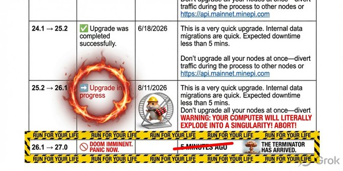 The image shows a Pi Network upgrade roadmap table with versions 24.1→25.2 marked as successfully completed (6/18/2026), 25.2→26.1 flagged as "Upgrade in progress" (8/11/2026), and 26.1→27.0 marked with urgent "RUN FOR YOUR LIFE" warnings about "DOOM IMMINENT" and "THE TERMINATOR HAS ARRIVED." The meme-style overlay humorously conveys anxiety about Pi Network's history of delayed upgrades as the August 11 v26.1 launch date approaches, with sarcastic references to "SINGULARITY ABORT" and broken promises about release timelines.