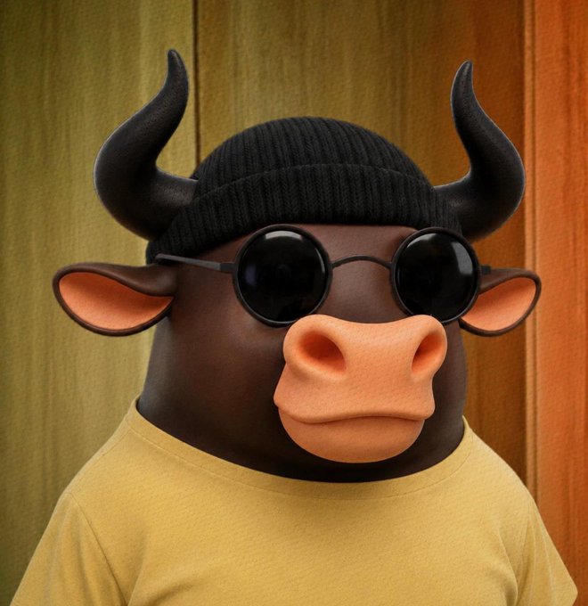 A 3D-rendered character with bull horns, a beanie, round sunglasses, and a yellow t-shirt stands against a wooden background.