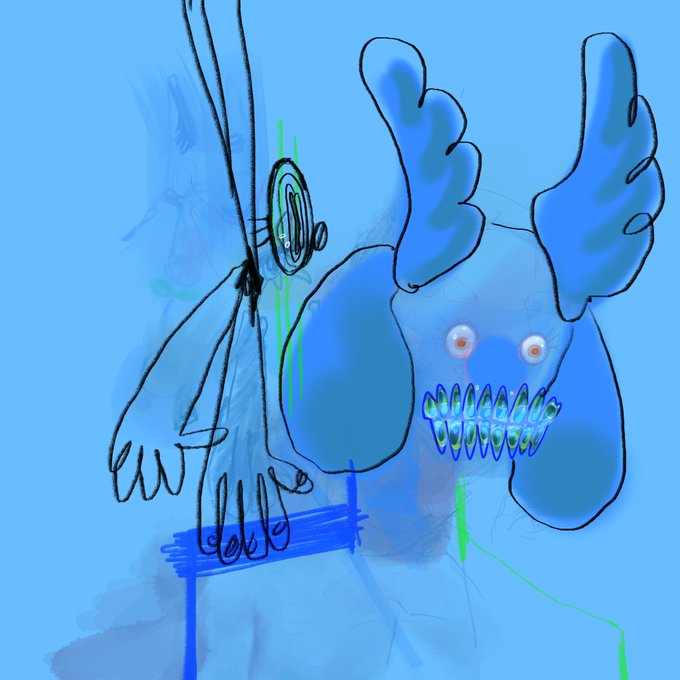 A surreal digital drawing of a blue distorted face with bulging eyes, sharp teeth, and hands raised, alongside a long-necked creature on a blue background.