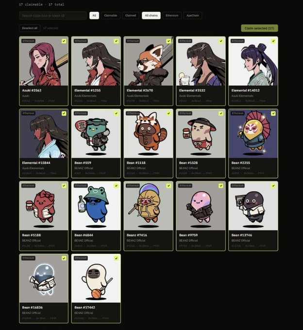 A screenshot of an NFT collection website displays various "BEANZ Official" and "Azuki" digital character collectibles for sale on a chain, with a 'Claim selected (17)' button in the corner.