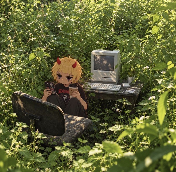An anime-style character with blonde hair and small red horns sits in overgrown foliage, holding a phone and coffee cup next to a vintage desktop computer.