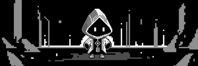 Monochrome pixel-art scene featuring a small hooded figure in a ruined city, with vertical structures in the background.