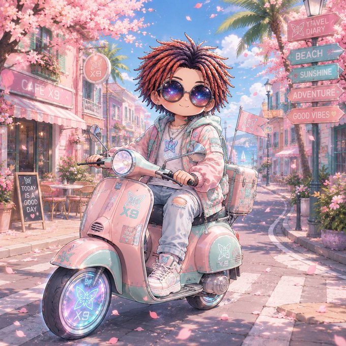 An anime-style illustration of a chibi character with dreadlocks and star-shaped sunglasses riding a pink Vespa scooter on a cobblestone street lined with cherry blossoms and signs reading 'BEACH', 'SUNSHINE', 'ADVENTURE', and 'GOOD VIBES'.