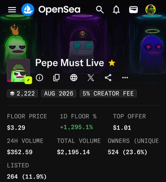 An OpenSea NFT listing page for a collection called 'Pepe Must Live' with a creator fee of 5%, showing a floor price of $3.29, 1D floor change of +1,295.1%, 524 unique owners, and 24H volume of $352.59.