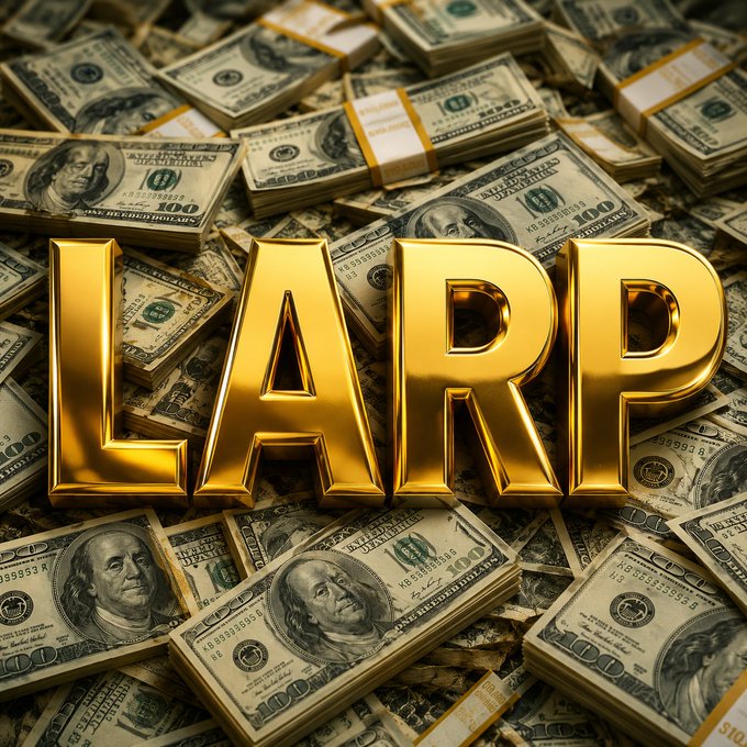 The image features a large pile of money, with the word "LARP" written above it in gold letters. The text is surrounded by stacks of US dollar bills, creating an interesting visual effect that highlights the connection between the word "LARP" and the financial theme. This arrangement suggests that there might be some sort of promotion or advertisement related to the concept of investing or using cryptocurrency, as indicated by the presence of Bitcoin in the image.