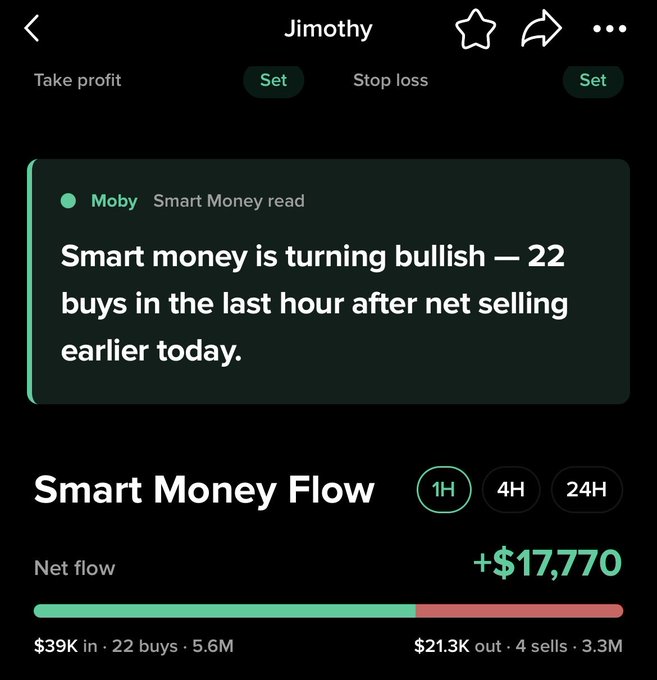 A Moby app screenshot for $JIMOTHY displays a "Smart Money read" alert stating "Smart money is turning bullish — 22 buys in the last hour after net selling earlier today," along with a Smart Money Flow showing a net positive of +$17,770 ($39K in over 22 buys vs. $21.3K out over 4 sells). The image illustrates the post's point about Moby's real-time smart order flow detection capturing bullish accumulation when $JIMOTHY was at a $7M market cap, just before it rallied to $16.5M.
