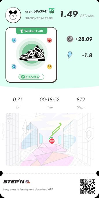 The image shows a phone screen displaying a fitness app that tracks steps taken, calories burned, and distance traveled during a walk or run. The app also provides information about the user's location and the time of day. The screen displays a map with a pink path and a green circle containing a cartoon character, indicating the route being followed by the user.