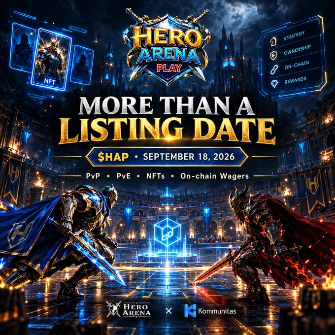 A promotional banner for 'Hero Arena Play' announcing 'More Than a Listing Date' with $HAP token launch on September 18, 2026, featuring PvP, PvE, NFTs, and on-chain wagers, with two armored knight characters facing off in a castle arena.