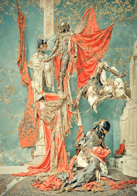 The image features a painting of a man dressed in armor, surrounded by other people who appear to be fighting or engaged in combat with him. The scene takes place against a backdrop that includes a blue wall and red curtains. The painting is titled "❖ objkt weekly recap ❖ ✦" which suggests it might be part of an exhibition showcasing digital art from São Paulo, Brazil.