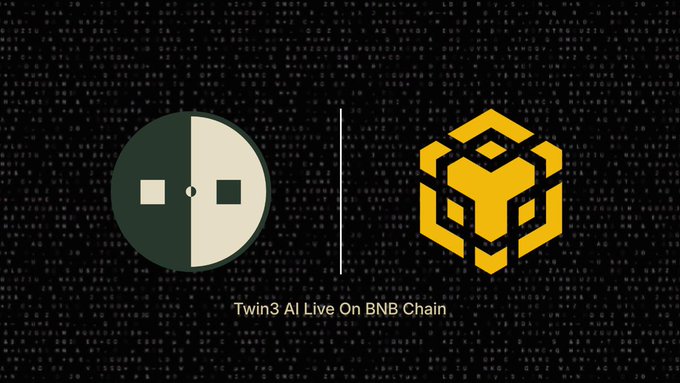 A graphic showing two icons separated by a vertical line, with the text 'Twin3 AI Live On BNB Chain' at the bottom.