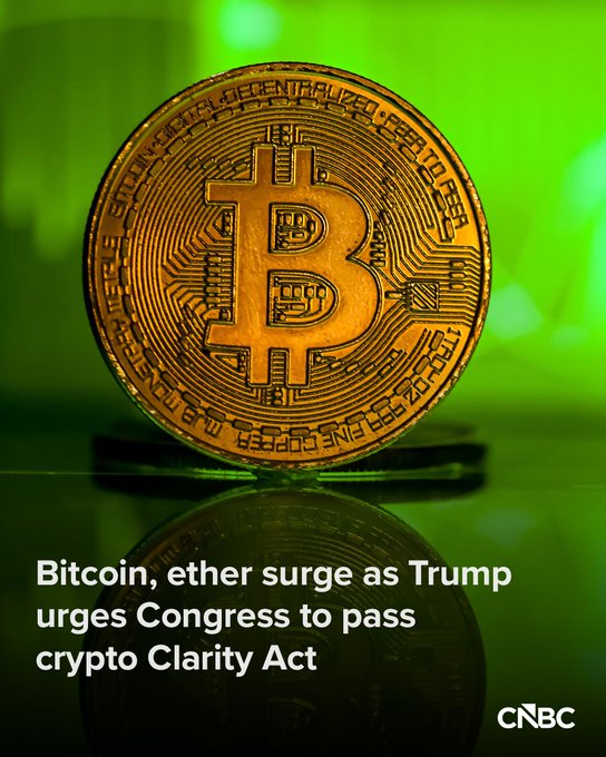 A CNBC image shows a physical Bitcoin token with its iconic "B" symbol, set against a green background with the headline "Bitcoin, ether surge as Trump urges Congress to pass crypto Clarity Act," visually illustrating the post's news about cryptocurrency price increases following Trump's call for the Clarity Act and his comments on Hyperliquid regulation.