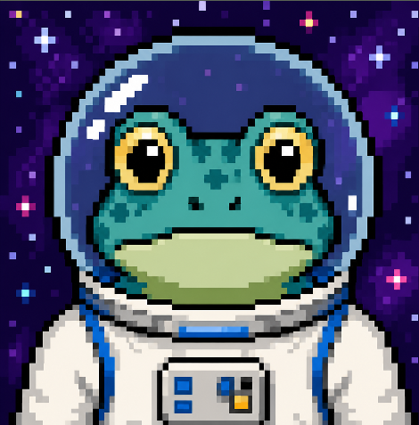 Pixel art of a teal frog wearing a space helmet and white astronaut suit against a purple starry background.