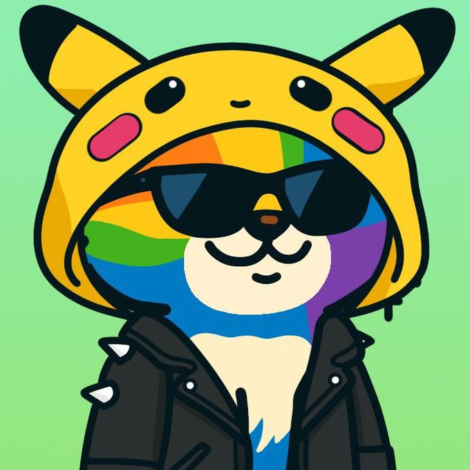 A colorful cartoon illustration of a character with rainbow-striped fur, wearing black sunglasses, a yellow Pikachu-themed hood, and a black spiked leather jacket, set against a green background.