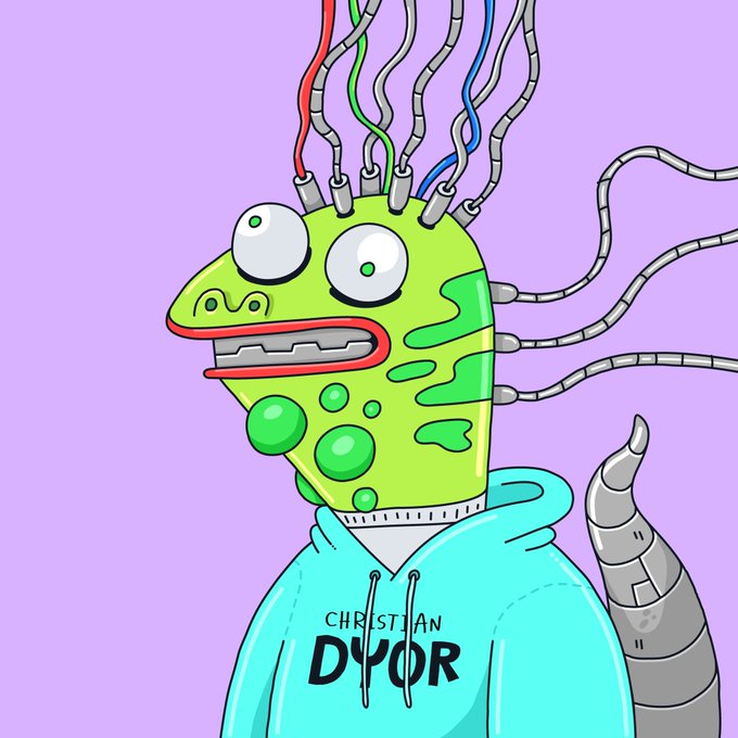A cartoon illustration of a green lizard-like creature with exposed brain wires, bulging eyes, and a mechanical tail wearing a turquoise 'CHRISTIAN DIOR' hoodie against a purple background.