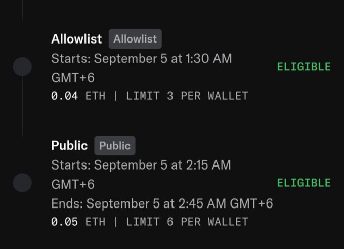 A dark-themed screenshot displays two minting phases for the "hoodNodz" NFT collection: an Allowlist phase starting September 5 at 1:30 AM GMT+6 (0.04 ETH, limit 3 per wallet) and a Public phase from 2:15 AM to 2:45 AM GMT+6 (0.05 ETH, limit 6 per wallet), both marked as "ELIGIBLE." The image relates to the post by showing the detailed minting schedule and pricing, helping readers decide whether to participate in the upcoming mint based on the collection's affordable entry costs.