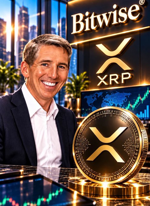 A promotional graphic featuring a smiling older man in a suit, alongside 'Bitwise' and 'XRP' logos, and a large gold XRP coin on a pedestal.