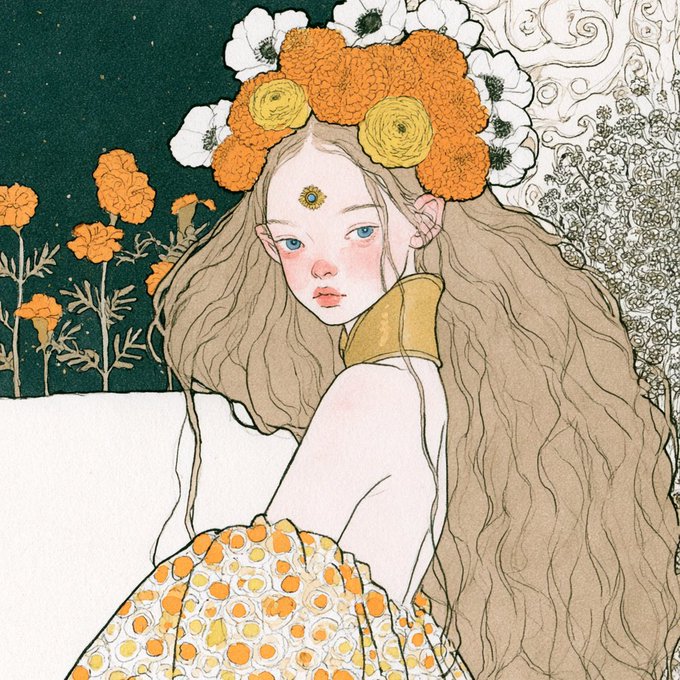 An artistic illustration of a young girl with long wavy brown hair wearing a crown of orange and white flowers, featuring a third eye on her forehead.