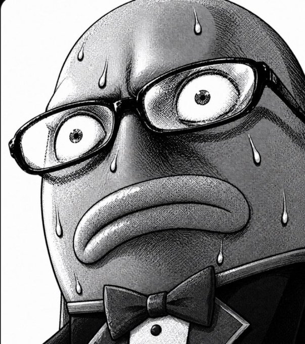 A black-and-white illustrated anxious figure with wide eyes behind glasses, sweating profusely, and a nervous frown wears a tuxedo with bow tie, perfectly capturing the feeling of impatient anticipation expressed in the post about waiting in "pending purgatory" for $ferdy to finally come through.