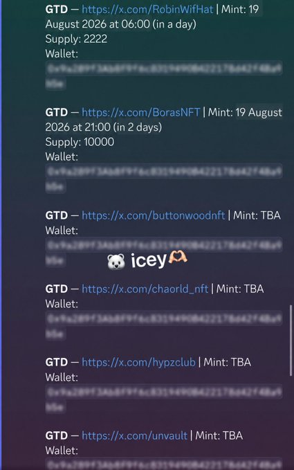 A Discord or chat listing various NFT projects (GTD) with mint dates, supplies, and wallet addresses, with a sticker of 'icey' overlaid in the middle.