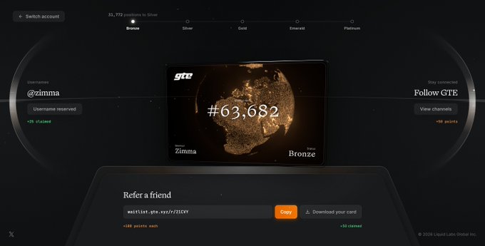 A digital dashboard titled 'gtc' displays a user named '@zimma' with a rank of 'Bronze' and a balance of '#63,682', featuring a 'Refer a friend' link with a referral code.