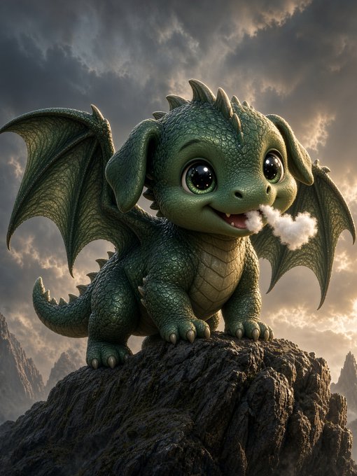 A digital illustration of a cute green baby dragon with wings sitting on a rocky peak, breathing a small puff of smoke against a cloudy sky.