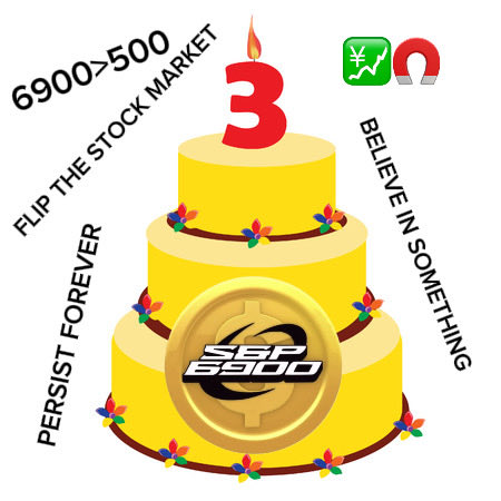 A 3D illustration of a tiered yellow birthday cake with a "3" candle on top, decorated with flowers and featuring a Bitcoin-style "S&P 500" coin medallion, surrounded by text including "6900>500", "FLIP THE STOCK MARKET", "PERSIST FOREVER", and "BELIEVE IN SOMETHING".