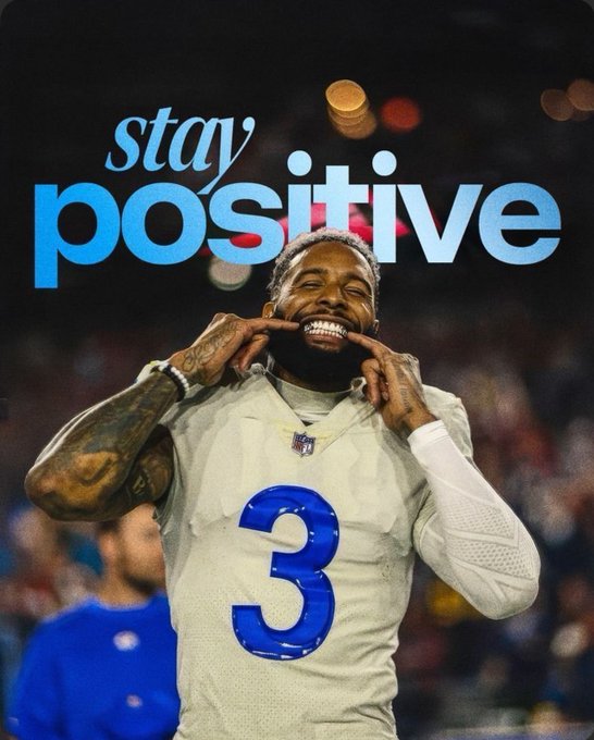 An NFL player wearing jersey number 3 smiles and points to his mouth, with 'stay positive' text overlaid in blue.