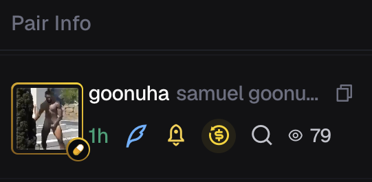 A screenshot of a pair info section showing "goonuha samuel goonu..." with 79 views and a 1h timestamp, featuring profile icons and notification symbols. The image appears to be a trading pair tracker showing activity for this user, suggesting the "alpha" being shared relates to crypto trading insights on Solana mentioned in the post.