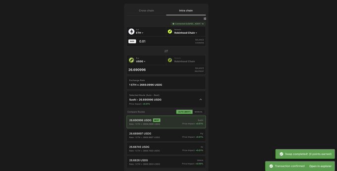 A screenshot of a crypto swap interface on Cashmere Exchange displaying an intra-chain swap of 0.01 ETH for approximately 26.69 USDC via Robinhood Chain, with a selected route offering the best price impact (-0.001) and confirmation banners at the bottom showing the swap completed with 0 points earned and the transaction confirmed.