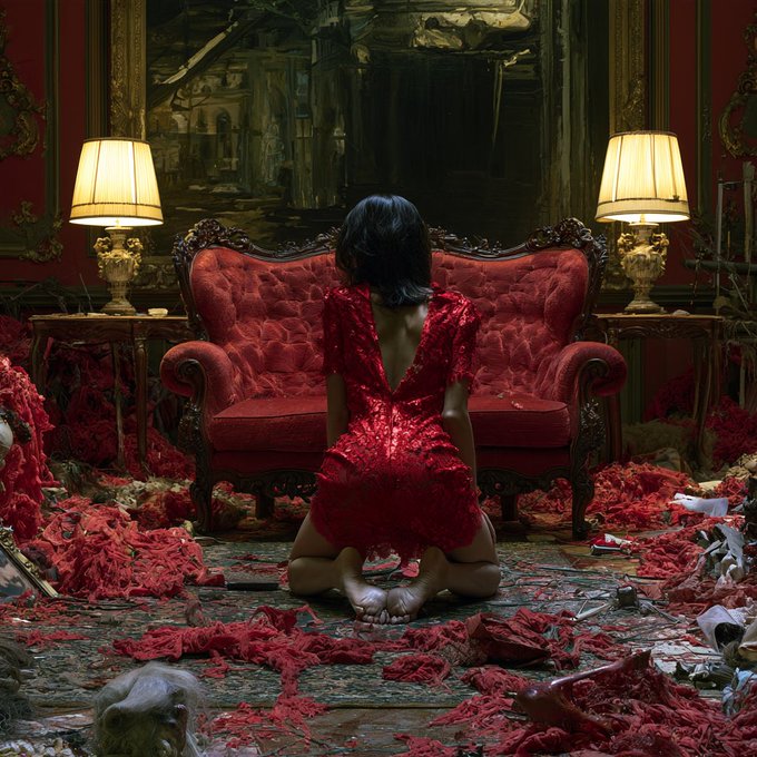 An artistic photograph showing a person in a red dress sitting on a floor covered in red debris in front of an ornate red sofa.