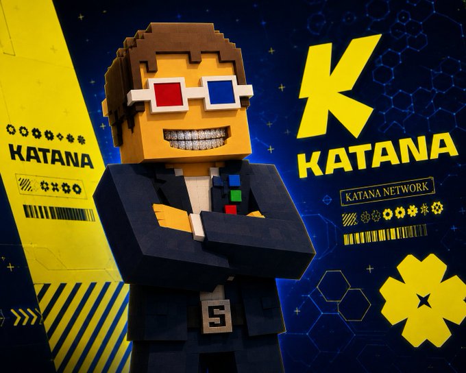 A blocky, voxel-style character with red/blue 3D glasses and a suit stands confidently with crossed arms beside a large yellow "K" logo and the word "KATANA," with "KATANA NETWORK" displayed on a circuit-patterned blue background—visually representing the "clocking in" concept mentioned in the post about joining the Katana trading competition.